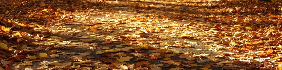 Wall Mural - Path paved with fallen leaves: A path is completely covered by autumn leaves, which sparkle in the sun, forming a golden path. Descriptors: leaf path, autumn, sunshine. . Natural seasonal changes, gen