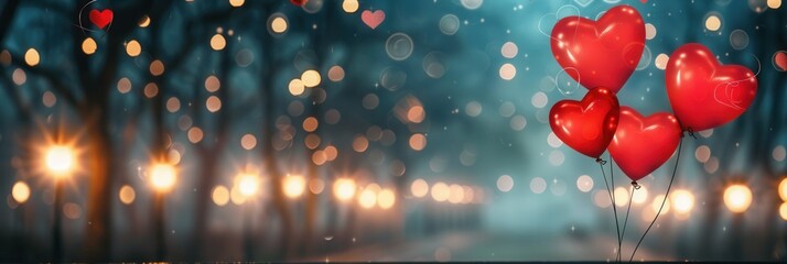 Aufkleber - Heart-shaped balloons float against a romantic backdrop of twinkling lights. Perfect for restaurants and events. Generative AI