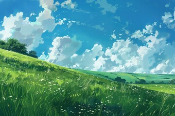 Beautiful green meadow landscape with white clouds in a blue sky. Peaceful scenic view of nature.