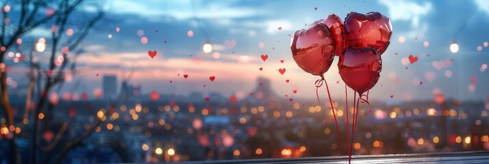 Aufkleber - Heart-shaped balloons float against a backdrop of city lights and a romantic evening sky, perfect for restaurants and romantic event planners. Generative AI