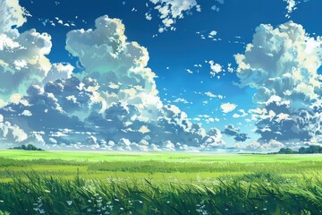 Wall Mural - Beautiful, Lush Green Field and Blue Sky With White Clouds, Perfect for Desktop Background or Wallpaper.