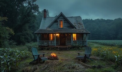 A hauntingly beautiful abandoned house in a dark woods, with candlelight illuminating the interior. Two chairs sit on the weathered front porch, and shadowy trees loom behind