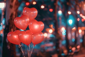 Aufkleber - A cluster of red heart-shaped balloons against a backdrop of twinkling city lights, perfect for romantic events and celebrations. Generative AI