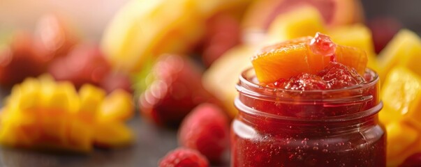 A close-up of delicious fruit jam in a glass jar surrounded by fresh peaches and raspberries, perfect for breakfast or a sweet snack.
