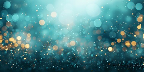 Abstract turquoise and gold bokeh background with shimmering lights and soft focus, perfect for festive and celebratory themes.