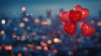 Aufkleber - Red heart-shaped balloons against a backdrop of city lights create a romantic and magical atmosphere, perfect for a special occasion. Generative AI