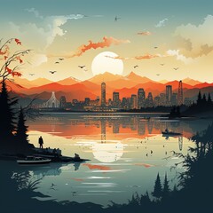 Minimalistic Digital Illustration of Vancouver's Iconic Skyline