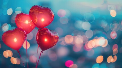 Aufkleber - Heart-shaped balloons float against a dreamy cityscape backdrop, perfect for romantic evenings. Generative AI