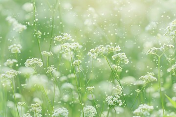 Wall Mural - A blurred background of cow parsley in full bloom, with small white flowers scattered across the meadow. The focus is on capturing the delicate details and subtle colors of each individual flower whil