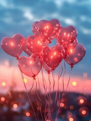 Aufkleber - Heart-shaped balloons float against a romantic sunset backdrop, perfect for creating a special ambiance for restaurants and events. Generative AI