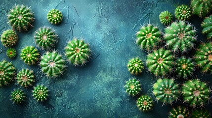 Poster - A flat lay image featuring various types of cacti arranged on a textured blue background.