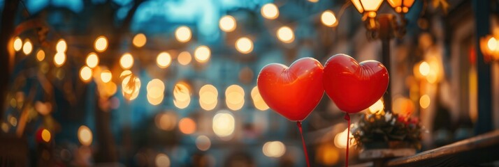 Aufkleber - A blurry background of twinkling lights and a close-up of two heart-shaped balloons floating in the evening air. Generative AI