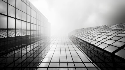Wall Mural - A low-angle black and white photograph captures the imposing presence of futuristic skyscrapers, their sleek glass facades and geometric designs dominating the misty cityscape