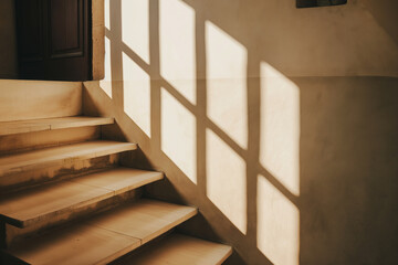 Sticker - Sunlit Staircase with Geometric Shadows in a Minimalist Interior Design