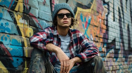 Poster - A young man wearing a plaid shirt, beanie, and sunglasses sits against a graffiti-covered wall in a city setting