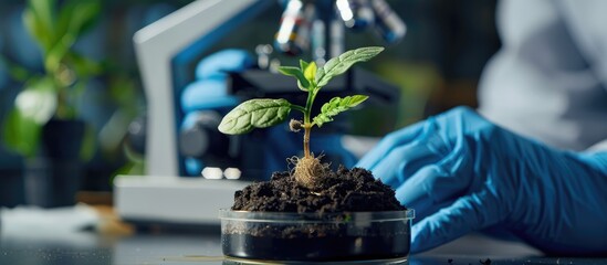 Biologist's hand in protective gloves holding a young plant with roots above a petri dish filled with soil, with a microscope in the background.