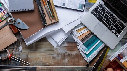 Poster - Architectural materials blueprints laptop tools and color sampler for renovation Flat lay design of creative interior design : Generative AI
