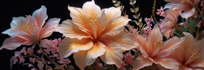 Wall Mural - Delicate Pink and Peach Flowers on Black Background.