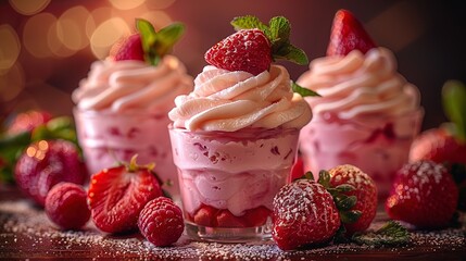 Wall Mural - Three strawberry cupcakes with whipped cream on top and strawberries on the side