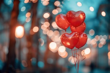 Aufkleber - A cluster of red heart-shaped balloons float against a backdrop of twinkling city lights. Generative AI