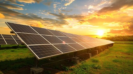 Poster - Solar Farm solar cell at sunset sky background with electric power generation in agricultural area  Renewable green alternative energy Power plant Solar photovoltaic rows array ground  : Generative AI