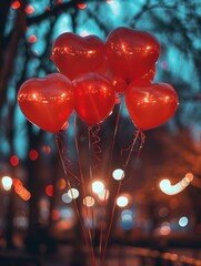 Aufkleber - Red heart-shaped balloons against a blurred background of city lights. Perfect for restaurants, event planners, and romantic occasions. Generative AI