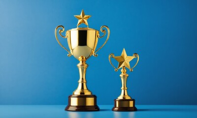 Two gold trophy cups with stars on blue background