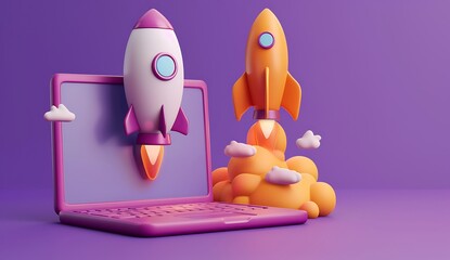 Wall Mural - computer with space for text A 3D rocket is taking off from a laptop against a purple background, with white and pink colors in the scene. The style is minimalistic with simple shapes and clouds aroun