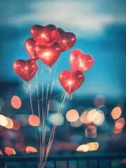 Aufkleber - Red heart-shaped balloons float against a twilight sky, creating a romantic and intimate scene. Perfect for restaurants, romantic events, and more. Generative AI
