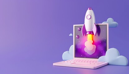 Wall Mural - computer with space for text A 3D rocket is taking off from a laptop against a purple background, with white and pink colors in the scene. The style is minimalistic with simple shapes and clouds aroun