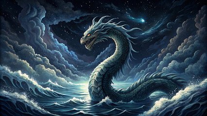 Giant creepy sea serpent character swims in sea