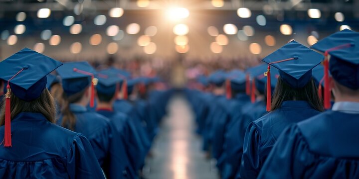 Back view of graduates in blue gowns and caps during a ceremony with lights in the background, symbolizing achievement and education.