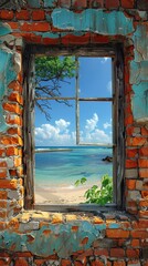 A brick wall with a painting of a window looking out to a beach. 