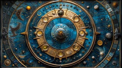 a detailed clock face depicting the zodiac signs and planets, with gold accents and a blue backgroun