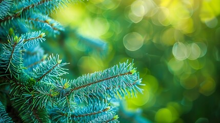 Aufkleber - Blue spruce and fir tree  branches with fresh green needles on blurred green and an isolated background : Generative AI