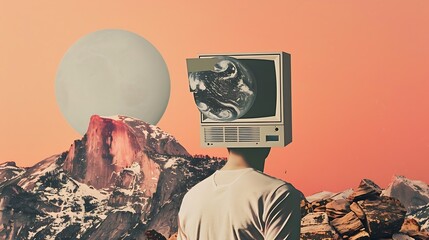 Aufkleber - Contemporary art collage and modern design Male gaze from the past Retro computer isolated over yloow background Concept of idea inspiration creativity and art Minimalism : Generative AI