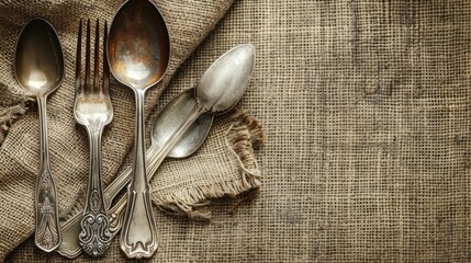 Poster - Old Cutlery Vintage Silverware on Burlap and Wood Background