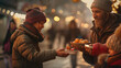 © Anna - Woman receiving food from an elderly man at a market. Heartwarming act of kindness and compassion in a festive autumn setting. Community support and generosity background.