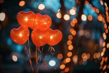 Aufkleber - A cluster of heart-shaped balloons against a blurry background of twinkling lights, perfect for an intimate romantic setting. Generative AI