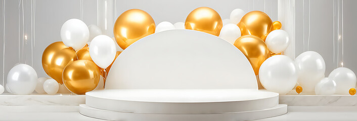  Podium birthday balloon gift gold background product festive golden stand platform winner stage. Balloon 3d confetti birthday party pedestal podium display anniversary scene premium award card banner