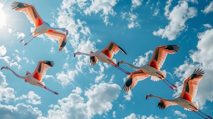 Wall Mural - A Group of Flamingos Flying in the Blue Sky 