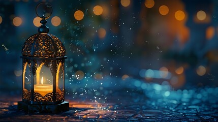 Ornamental Arabic lantern with burning candle glowing at night mosque background Festive greeting card invitation for Muslim holy month Ramadan Kareem : Generative AI
