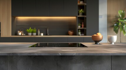 Poster - Kitchen table top for product display with blurred modern interior : Generative AI