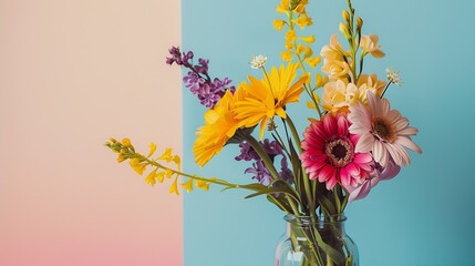 Wall Mural - Beautiful flowers in a vase against a blue and cream background Spring aesthetic concept : Generative AI