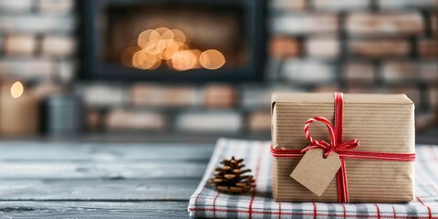 Cozy Christmas scene with a wrapped gift and pinecones. A warm fireplace adds to the festive atmosphere, perfect for holiday celebrations.