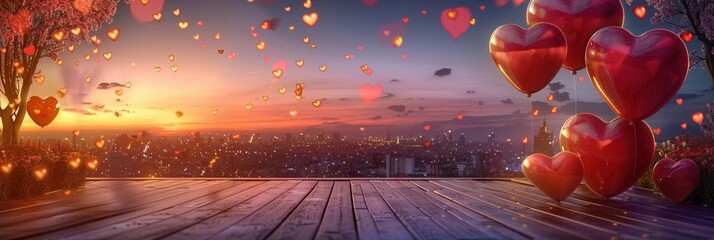 Aufkleber - A romantic scene with heart-shaped balloons floating against a backdrop of a city skyline at sunset. Perfect for event planners and restaurants. Generative AI
