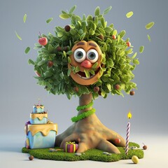 Happy tree emoji character in 3d render. A picture of a small happy tree.