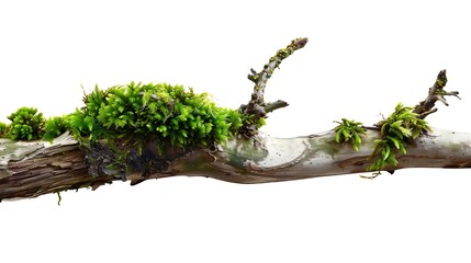Aufkleber - Fresh green moss on rotten branch isolated on white side view : Generative AI