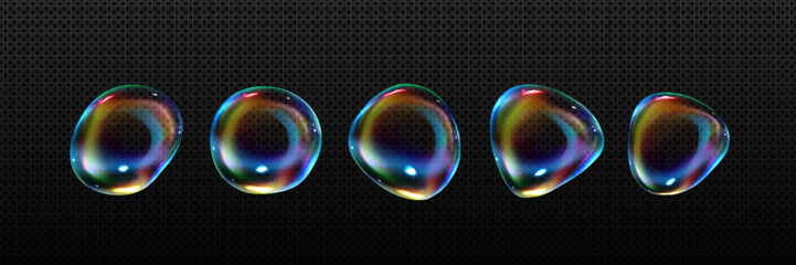 Poster - Iridescent soap bubble of round irregular shape. Rainbow colored transparent liquid soapy detergent or glass sphere. Realistic 3d vector illustration set of flying shampoo or laundry abstract balls