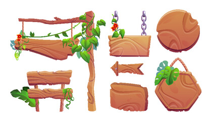 Poster - set of wooden signboards decorated with tropical plants isolated on white background. vector cartoon